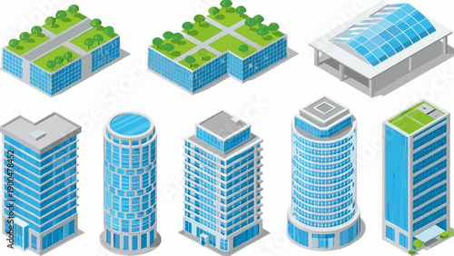 Isometric city buildings and green spaces in a stylized design