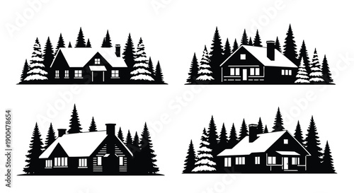 Charming cabin houses nestled amidst evergreen trees a striking silhouette