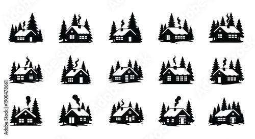 Collection of cozy cabins with smoke rising a striking silhouette