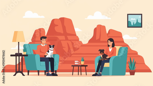 People relaxing with dogs in armchairs, against red rock desert backdrop