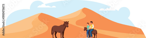 People riding horses through rolling sand dunes under a sky with clouds