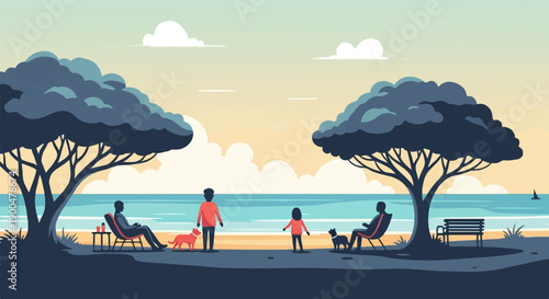 People relaxing with dogs by the ocean under trees at sunset