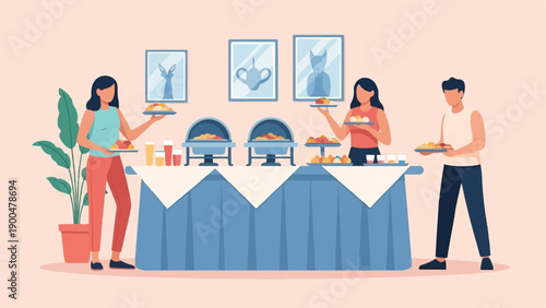 People serving themselves food from a buffet at a party