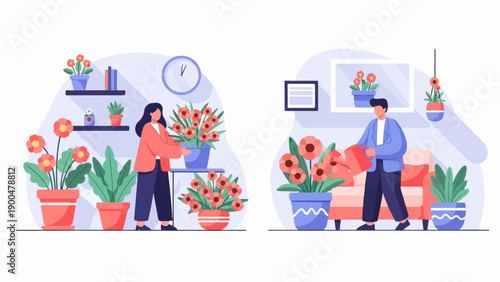 People tending to potted plants indoors and outdoors