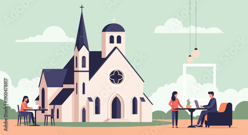 People use laptops and relax near a church on a serene day