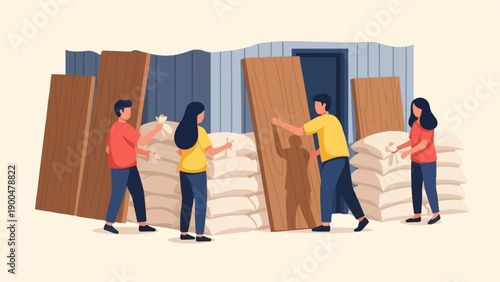 People unloading stacked sacks and wooden planks from a structure