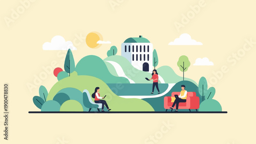 People using devices on a pastel background with abstract hills and a building