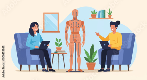 People using laptops and a mannequin in a room