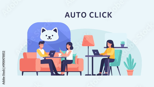 People using laptops in a cafe setting with a cat icon