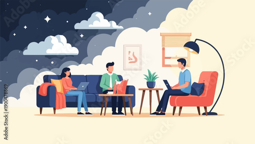 People using laptops in a living room with a day and night sky background