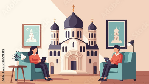 People using laptops in a room with a large church building as backdrop