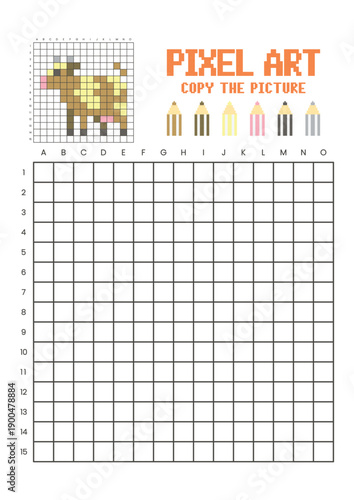 Copy the picture grid drawing worksheet for kids. Pixel art cow