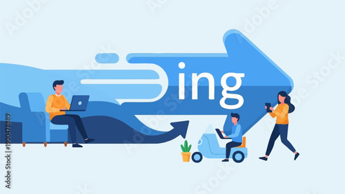 People using technology and a vehicle within a blue abstract arrow graphic
