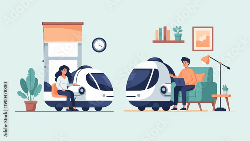 People using modern trains for travel and remote work