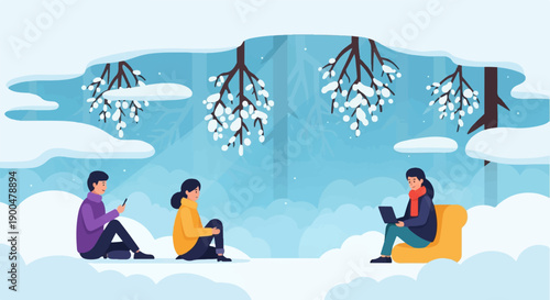 People using technology in a snowy forest with trees covered in snow