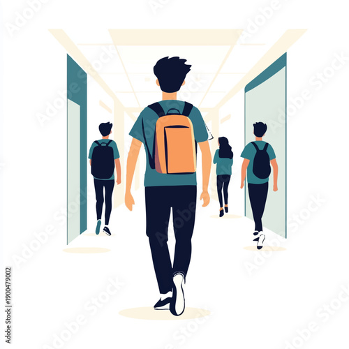 Students walking down a school hallway with backpacks