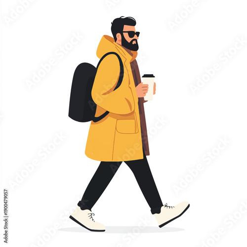 Stylish bearded man in a yellow parka walking with coffee