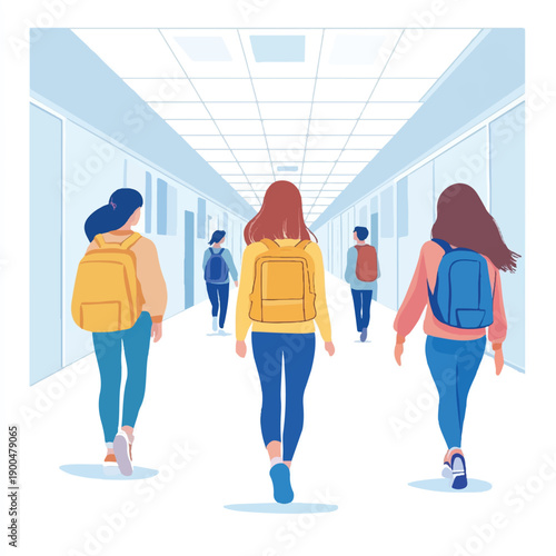 Students walking in a school hallway with backpacks