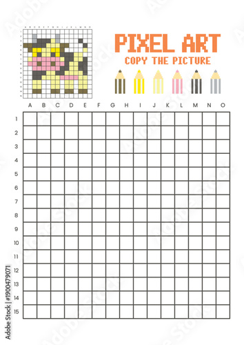 Copy the picture grid drawing worksheet for kids. Pixel art cow