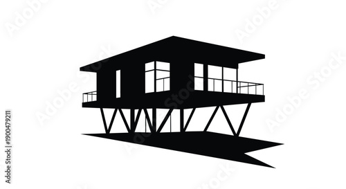 Modern house on stilts featuring a striking black silhouette
