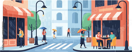 People with umbrellas walk on a wet street beside cafes in the rain