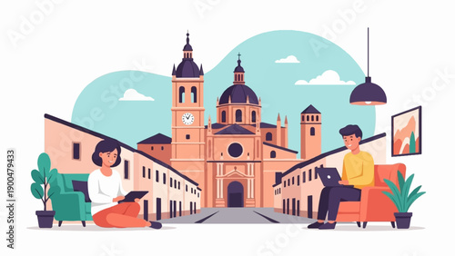 People work on laptops at home with a cityscape view