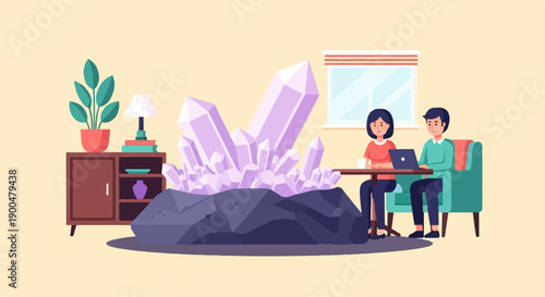 People work on laptops at home beside large crystals and plants