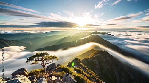 Mountain Peak Above Clouds at Sunrise.