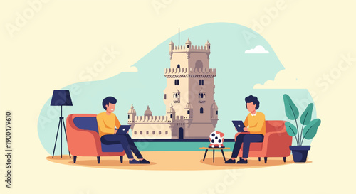 People relaxing on couches with laptops in front of a tower