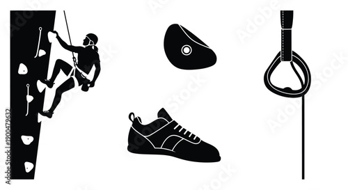 Rock climbing equipment and climber in stark black silhouette