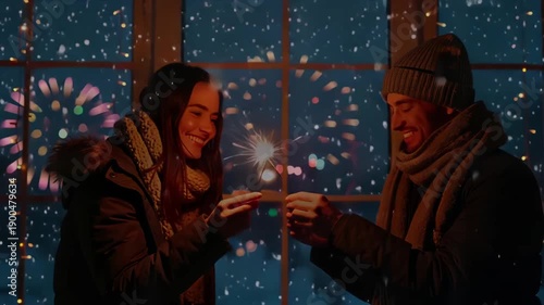Couple Celebrating New Year with Sparklers.