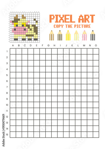 Copy the picture grid drawing worksheet for kids. Pixel art cow