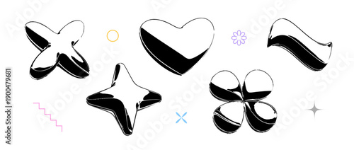 Black y2k abstract shapes in 3d inflated style. Techno star, flower, wave, heart design element collection. Vector grunge balloon icon set for poster, banner, collage, flyer, streetwear, party print