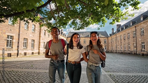 Three Friends Walking Together University Campus.
