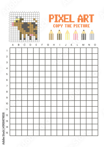 Copy the picture grid drawing worksheet for kids. Pixel art cow