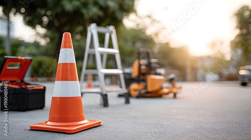 Orange traffic cone near ladder and tools on construction site  