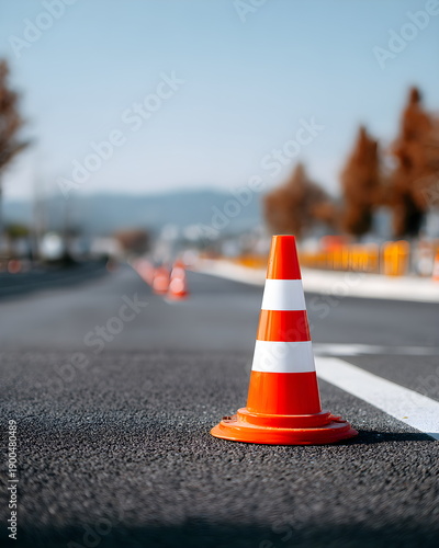 Traffic cone on asphalt road with blurred background and clear sky  