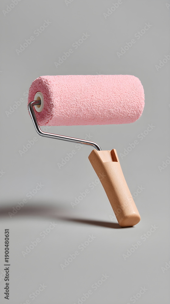 Obraz premium Painting roller with pink cover on gray background
