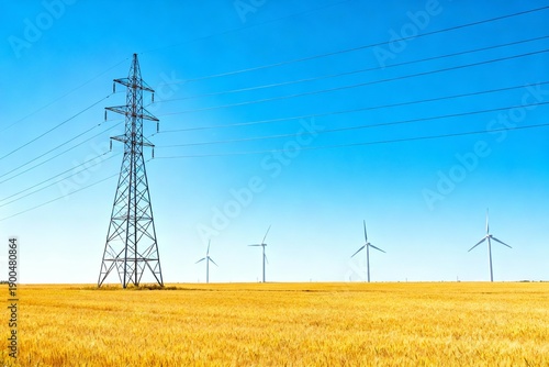 Wind turbines and electricity pylon in field