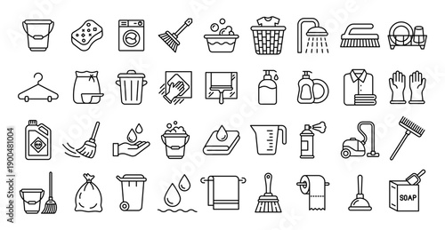 Household cleaning tools icon set for home hygiene and chores in line and fill style