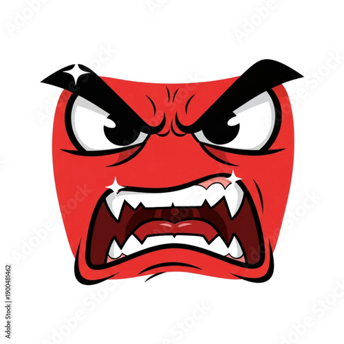 A vibrant red cartoon face with an extremely angry expression, featuring sharp fangs, furrowed brows, and intense eyes.
