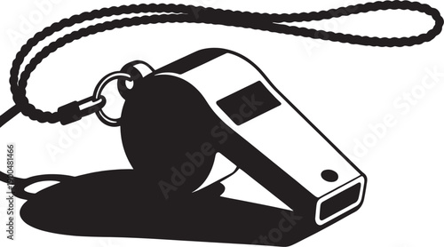 Close-up silhouette of a classic metal referee whistle, cord attached, flat design, white background.
