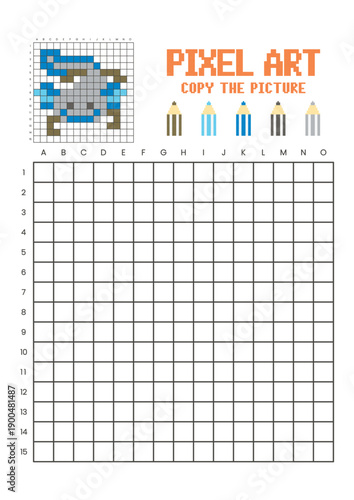 Copy the picture grid drawing worksheet for kids. Pixel art axolotl