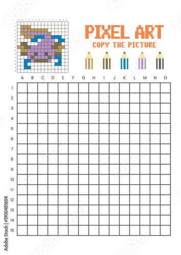 Copy the picture grid drawing worksheet for kids. Pixel art axolotl