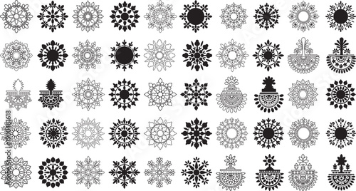 Collection of various mandala designs and patterns in black and white