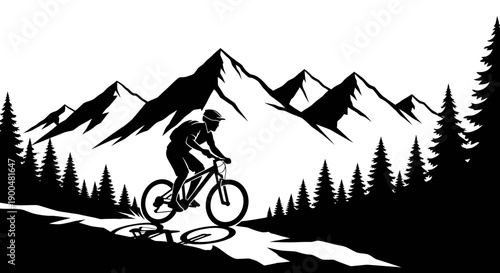 Mountain Biker Silhouette Riding Downhill Landscape Vector