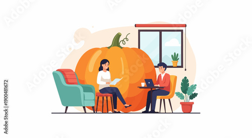People working and reading indoors with a large pumpkin