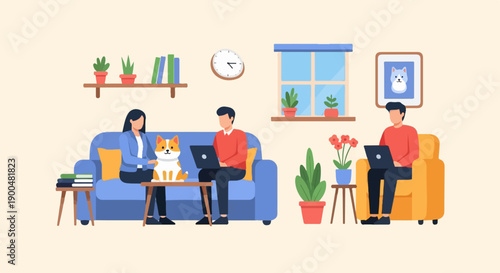 People working at home with a dog and plants