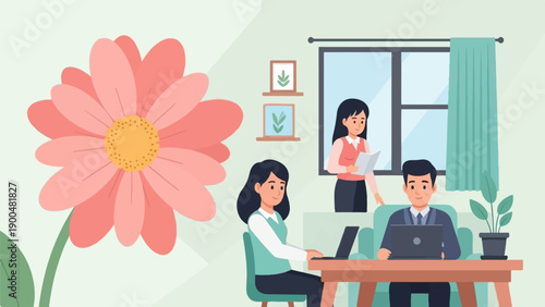People working at desks in a bright room with a large flower