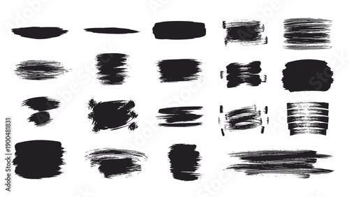 Extensive collection of various black grunge brush strokes and distressed paint textures, ideal for adding an edgy, artistic feel to designs.
